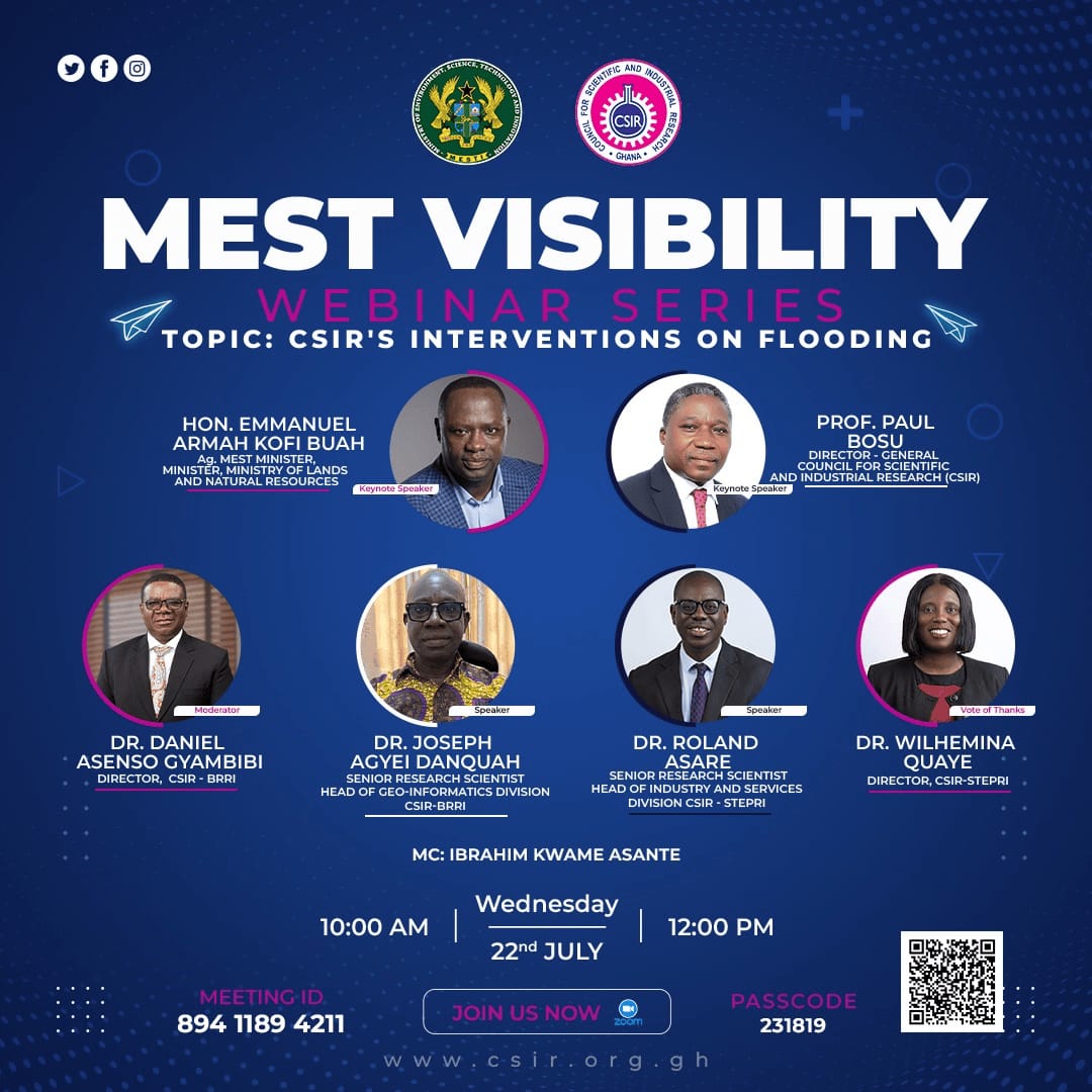 MEST Visibility Webinar Series flyer on CSIR's interventions on flooding